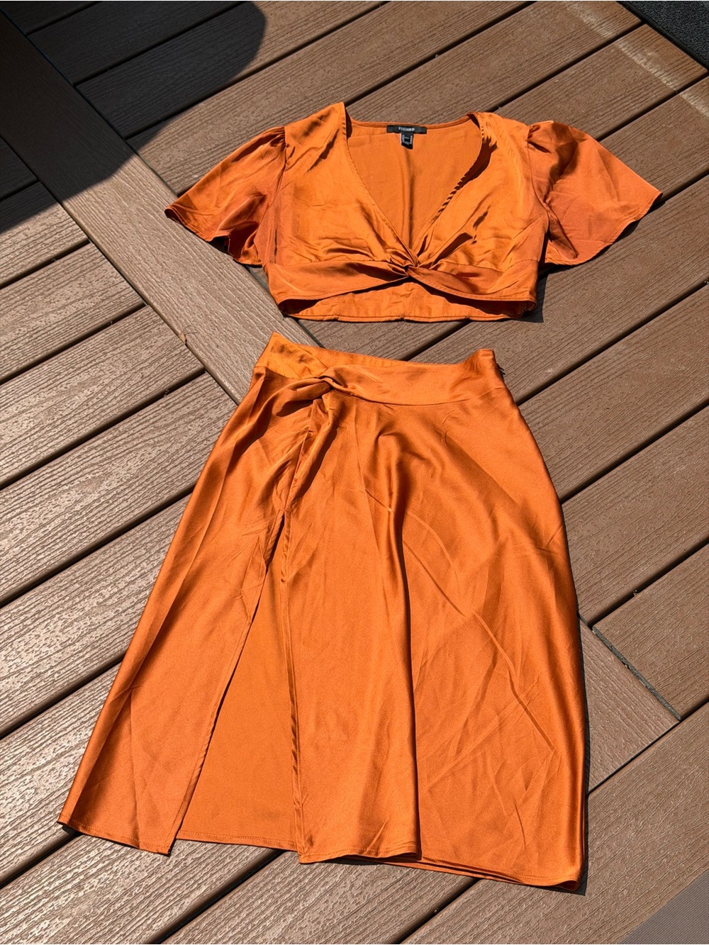 Forever 21 Burnt Orange Satin Twist Front Crop Top High Slit Midi Skirt Set